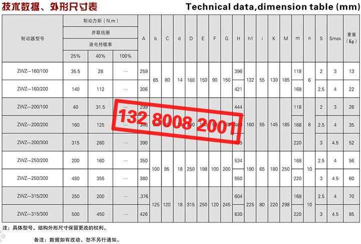 ZWZ3系列直流電磁鼓式制動器技術數(shù)據(jù)、外形尺寸表